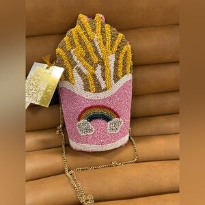 Pink Beaded French Fry beaded Bag with Rainbow Design